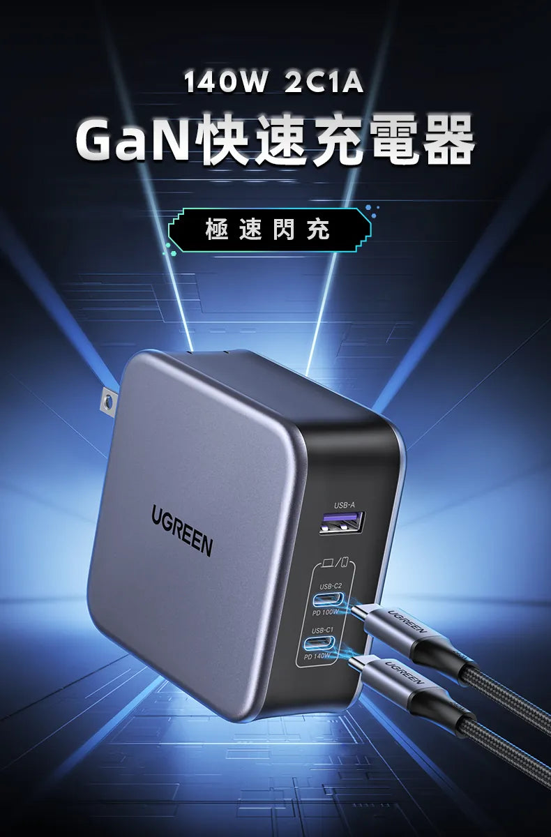 綠聯 140W 2C1A 三孔 GaN 氮化鎵 高速充電器 PD3.1 快充頭+240W Type-C充電線【使用NXP荷蘭恩智浦晶片】