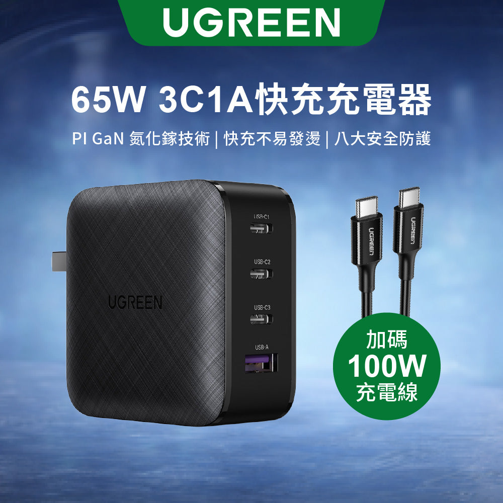 綠聯 65W 3C1A 四孔 GaN 氮化鎵 高速充電器 PD 快充頭 Macbook Pro/iPhone15適用【使用美國PI  APPLE晶片】