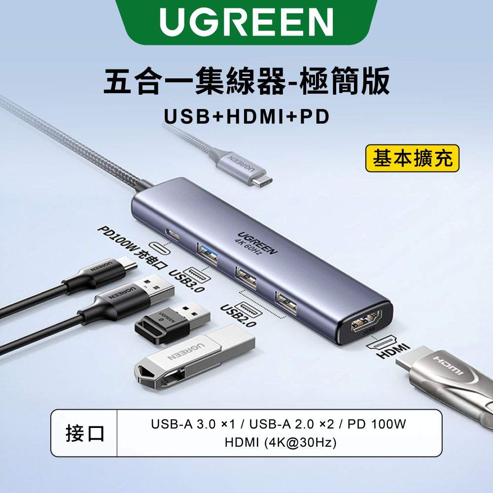 綠聯 五合一Type-C集線器 極簡版 [台灣創惟晶片]