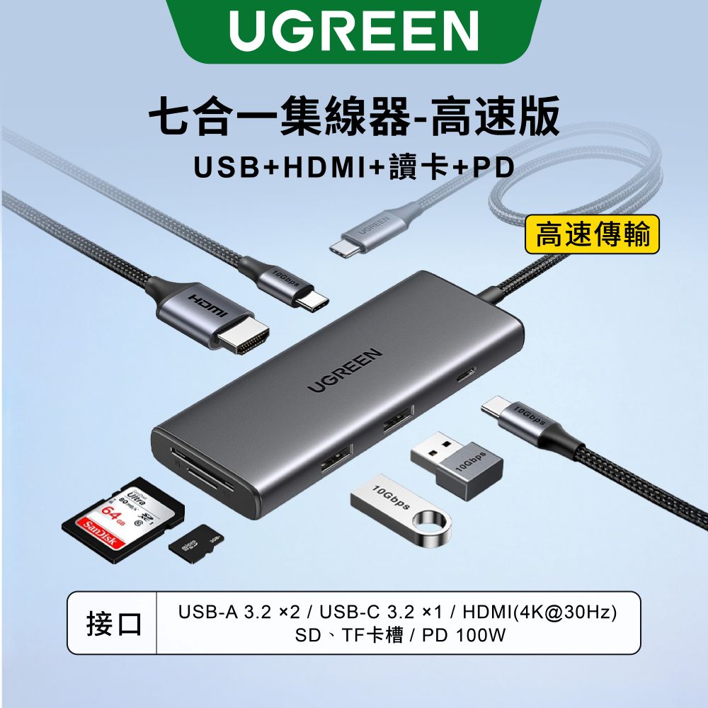 綠聯 七合一Type-C集線器 10Gbps高速傳輸版 [使用台灣創惟晶片]