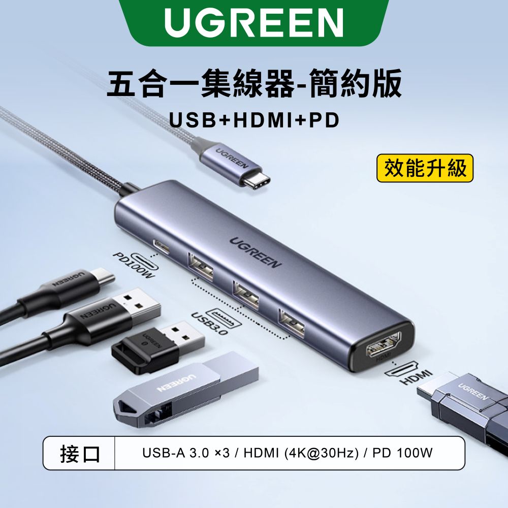 綠聯 五合一Type-C集線器 簡約版 [使用臺灣創惟晶片]