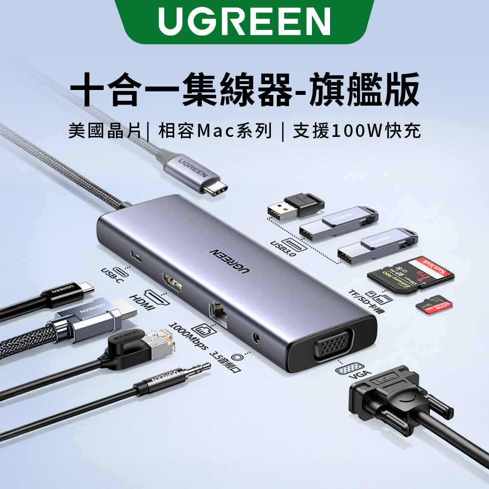 綠聯 十合一 TYPE-C 集線器 HDMI+VGA 旗艦版[使用美國德州儀器晶片]