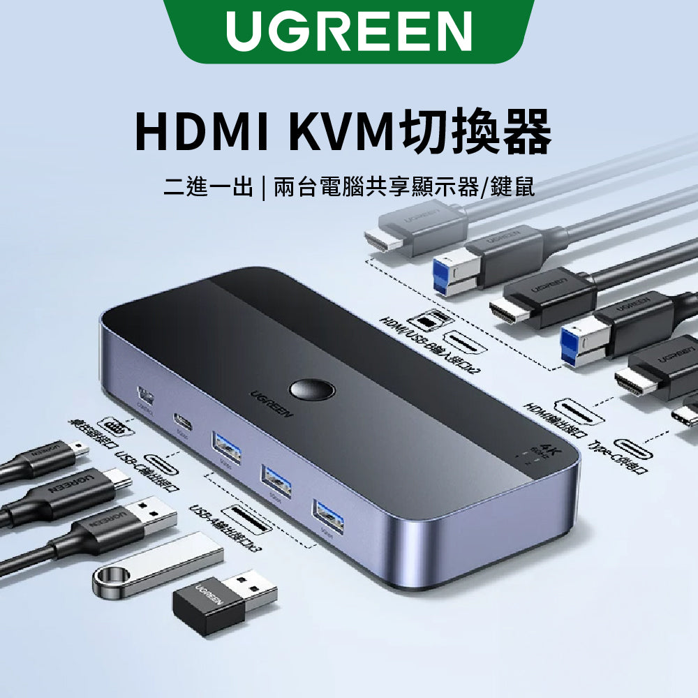 綠聯 HDMI 2.0  KVM 切換器  二進一出  支授4K@60Hz
