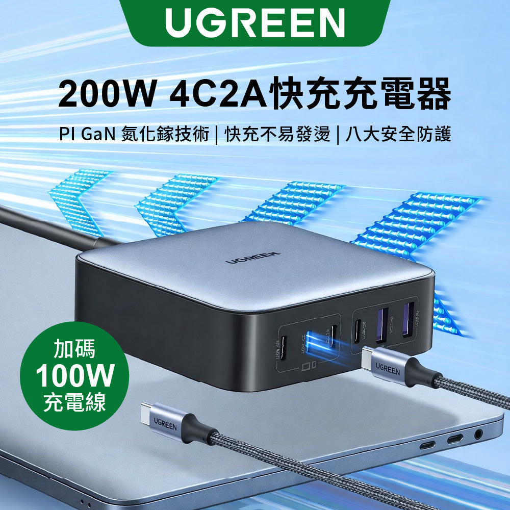 綠聯 200W 4C2A氮化鎵 六孔充電器 米老鼠頭不漏電【使用NXP荷蘭恩智浦晶片】