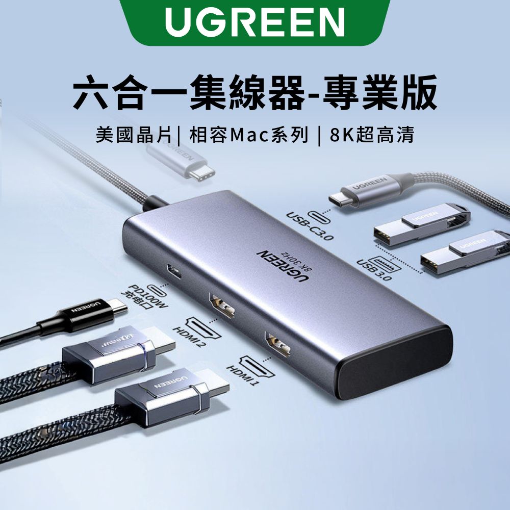 綠聯 六合一Type-C集線器 雙HDMI 高階專業版 支援8K[美國新思晶片]