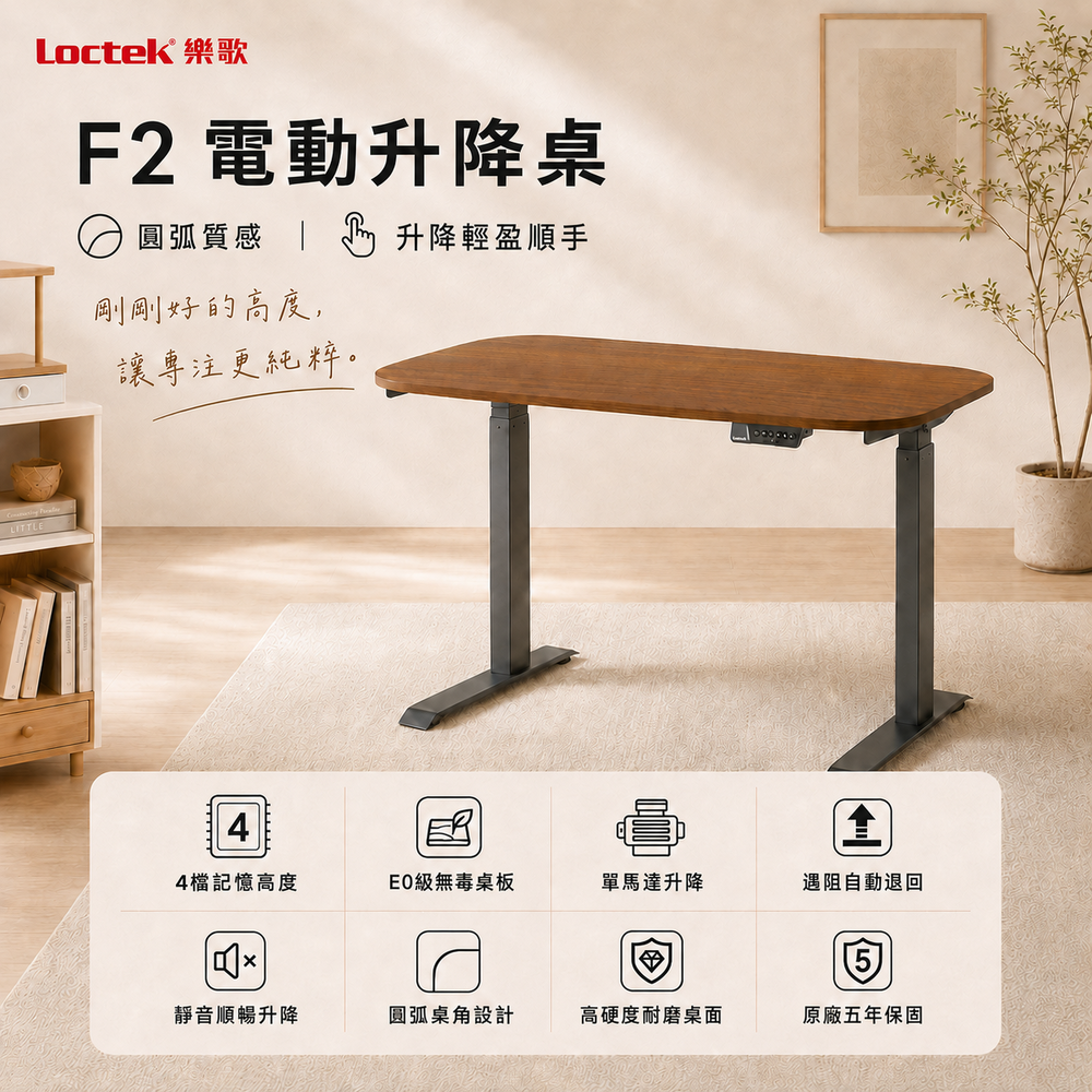 樂歌Loctek｜人體工學電動升降桌 F2 可安裝掛件 美形圓弧款 站立式工作桌