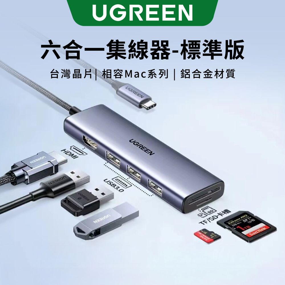 綠聯 六合一Type-C集線器 標準版[使用台灣創惟晶片]