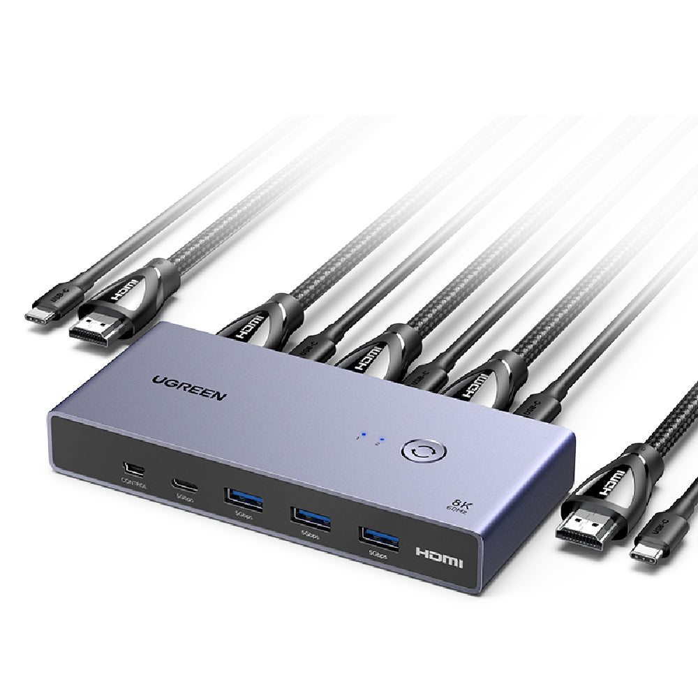 綠聯 HDMI KVM 切換器 2 進 1 出  USB-C 供電 一鍵桌控切換  深空灰金屬機身