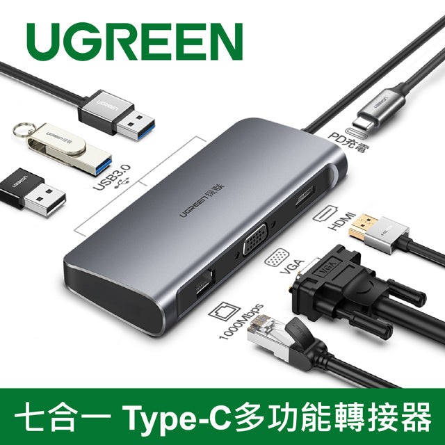 [拆封新品/福利品]綠聯七合一 Type-C多功能轉接器-4KHDMI/VGA/USB3.0/PD充電/GigaLAN網路卡