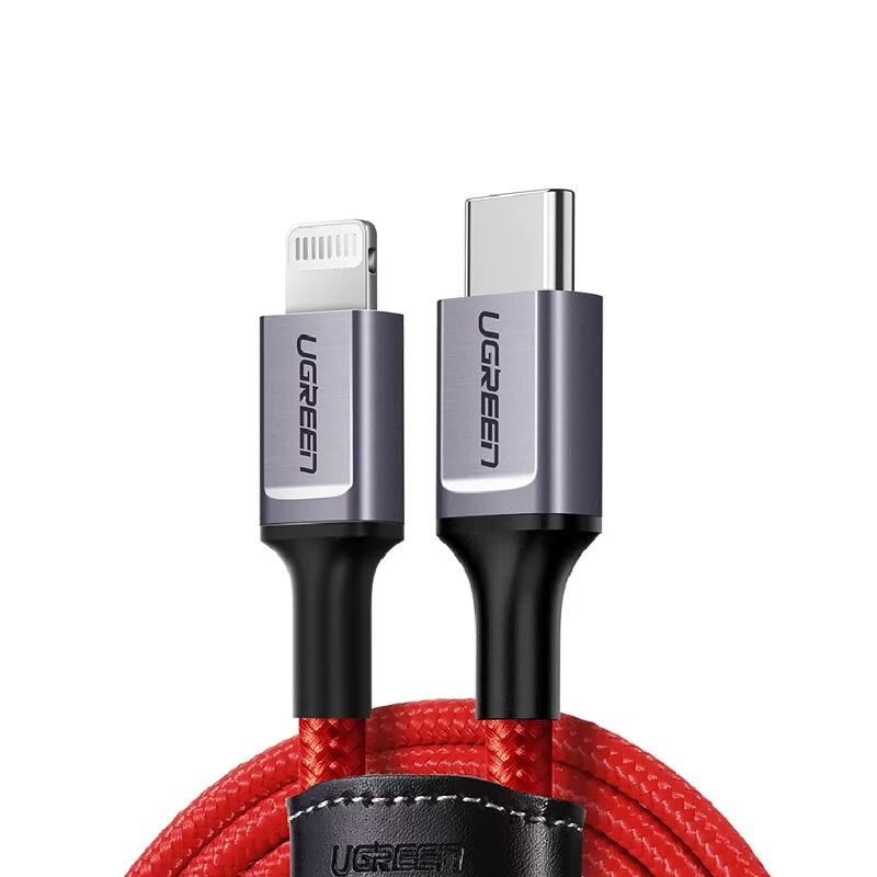 綠聯 1M MFi蘋果官方認證USB Type-C to Lightning 3A快充傳輸線 收納皮帶RED BRAID版