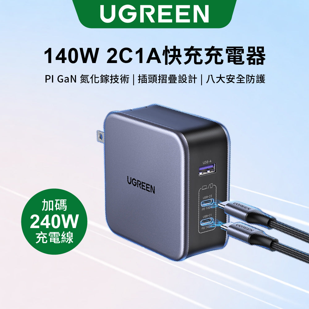 綠聯 140W 2C1A 三孔 GaN 氮化鎵 高速充電器 PD3.1 快充頭+240W Type-C充電線【使用NXP荷蘭恩智浦晶片】