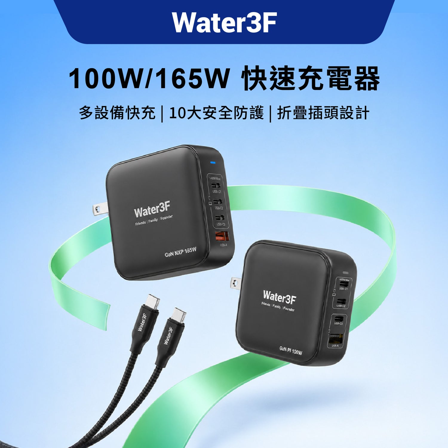 Water3F 100 / 165W 4孔GaN快速充電器 3C1A版